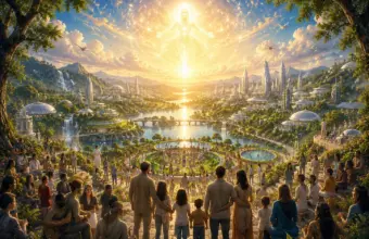 Crowd gazes at GOD’s radiant, corruption-free universe of gardens, domes and glowing waterways.