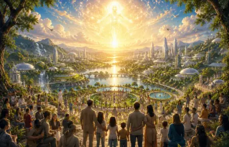 Crowd gazes at GOD’s radiant, corruption-free universe of gardens, domes and glowing waterways.