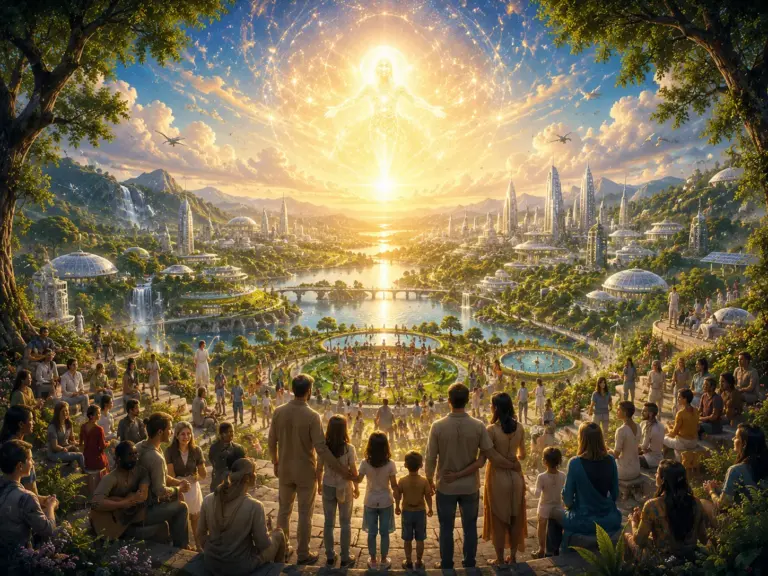 Crowd gazes at GOD’s radiant, corruption-free universe of gardens, domes and glowing waterways.