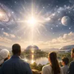 Five people gaze at a glowing cosmic sky above a domed temple by water.