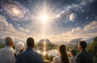 Five people gaze at a glowing cosmic sky above a domed temple by water.