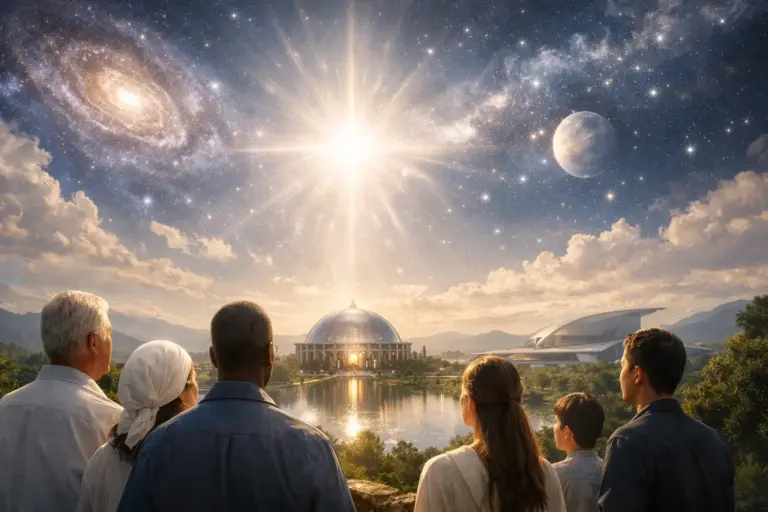 Five people gaze at a glowing cosmic sky above a domed temple by water.