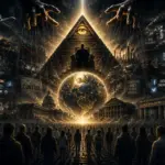 Glowing pyramid eye towers over crowd in a dystopian cityscape.