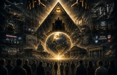 Glowing pyramid eye towers over crowd in a dystopian cityscape.