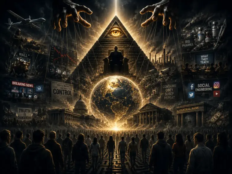 Glowing pyramid eye towers over crowd in a dystopian cityscape.