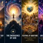 Four-panel Universe Religion collage: remembrance, emergence, gratitude and Universe Jump in cosmic celebration.