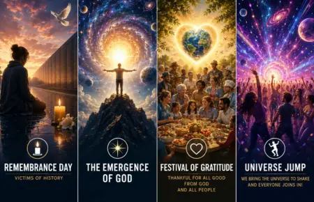 Four-panel Universe Religion collage: remembrance, emergence, gratitude and Universe Jump in cosmic celebration.