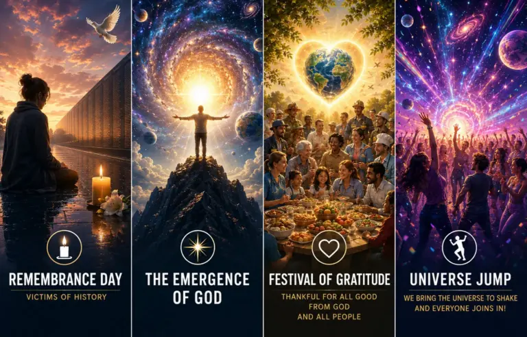 Four-panel Universe Religion collage: remembrance, emergence, gratitude and Universe Jump in cosmic celebration.