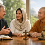 Interfaith dialogue on religious philosophy with clergy, monk, woman, cross, Bible and Buddha statue.