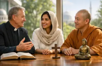 Interfaith dialogue on religious philosophy with clergy, monk, woman, cross, Bible and Buddha statue.