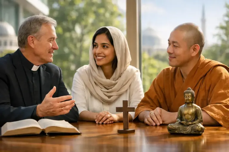Interfaith dialogue on religious philosophy with clergy, monk, woman, cross, Bible and Buddha statue.