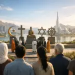 Interfaith unity ceremony by the bay beneath cross, crescent, Star of David and dharma wheel.