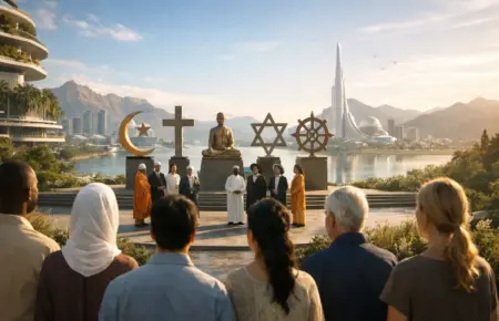 Interfaith unity ceremony by the bay beneath cross, crescent, Star of David and dharma wheel.