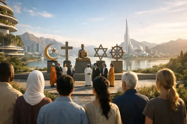 Interfaith unity ceremony by the bay beneath cross, crescent, Star of David and dharma wheel.