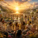 Sunset paradise gathering with music, food, and friendship among lush gardens and terraces.