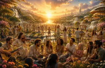 Sunset paradise gathering with music, food, and friendship among lush gardens and terraces.
