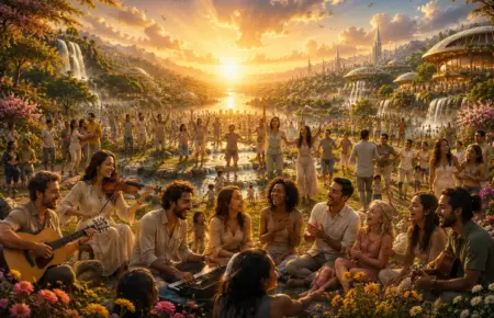 Sunset paradise gathering with music, food, and friendship among lush gardens and terraces.