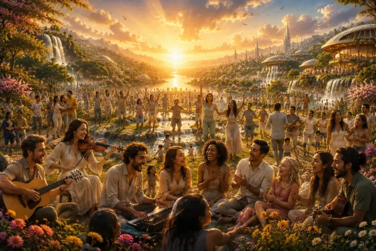 Sunset paradise gathering with music, food, and friendship among lush gardens and terraces.