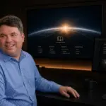 Maik Endener smiling in a futuristic tech studio with space-inspired screens.