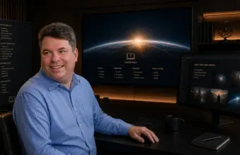 Maik Endener smiling in a futuristic tech studio with space-inspired screens.