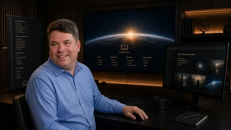 Maik Endener smiling in a futuristic tech studio with space-inspired screens.