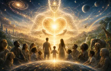 Radiant golden figure above silhouetted crowd under a cosmic sky.