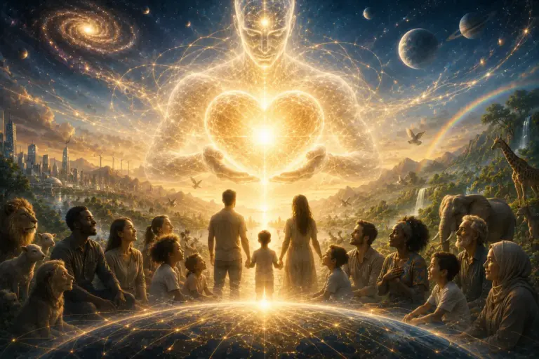 Radiant golden figure above silhouetted crowd under a cosmic sky.
