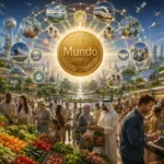 Futuristic Mundo world market with glowing emblem, floating globes, produce stalls and digital commerce.