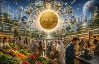 Futuristic Mundo world market with glowing emblem, floating globes, produce stalls and digital commerce.