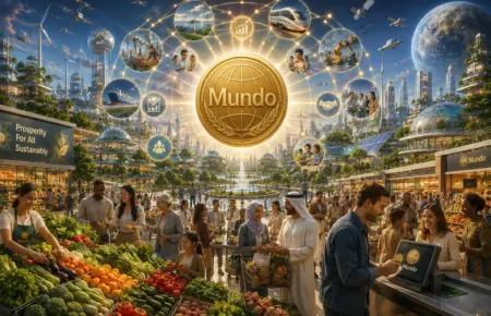 Futuristic Mundo world market with glowing emblem, floating globes, produce stalls and digital commerce.
