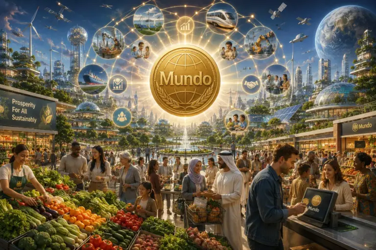 Futuristic Mundo world market with glowing emblem, floating globes, produce stalls and digital commerce.