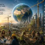 Glowing Earth above sustainable future city, with diverse community building a better world together.