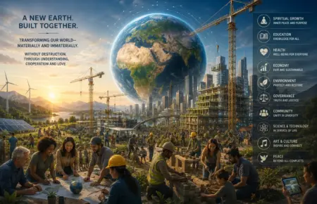 Glowing Earth above sustainable future city, with diverse community building a better world together.