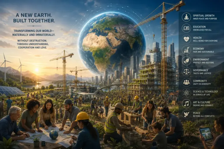Glowing Earth above sustainable future city, with diverse community building a better world together.