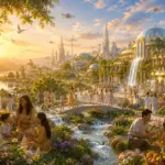 Utopian New Earth with river, bridge, waterfalls, and domed gardens at golden hour.