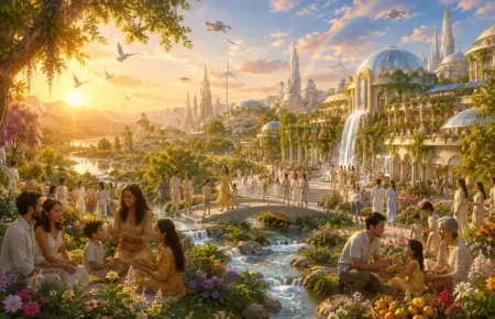 Utopian New Earth with river, bridge, waterfalls, and domed gardens at golden hour.