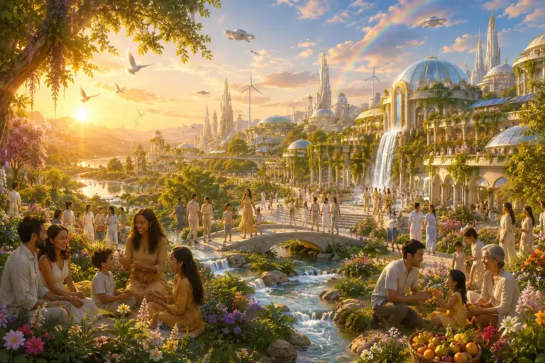 Utopian New Earth with river, bridge, waterfalls, and domed gardens at golden hour.