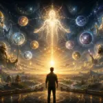 Lone figure beneath a radiant celestial being in a cosmic polytheistic vision.