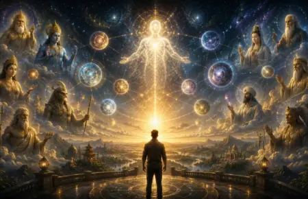 Lone figure beneath a radiant celestial being in a cosmic polytheistic vision.