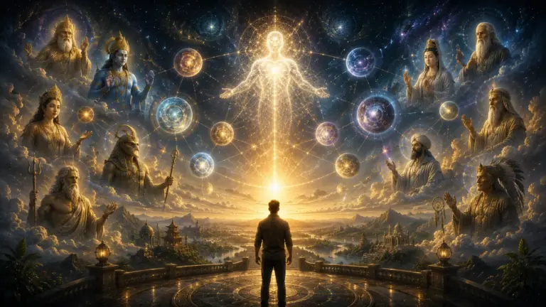 Lone figure beneath a radiant celestial being in a cosmic polytheistic vision.