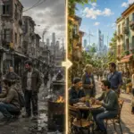 Split city street shows poverty and renewal, from ruins to thriving community.