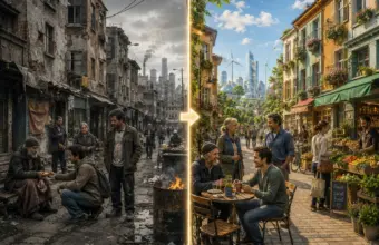 Split city street shows poverty and renewal, from ruins to thriving community.