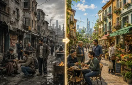 Split city street shows poverty and renewal, from ruins to thriving community.