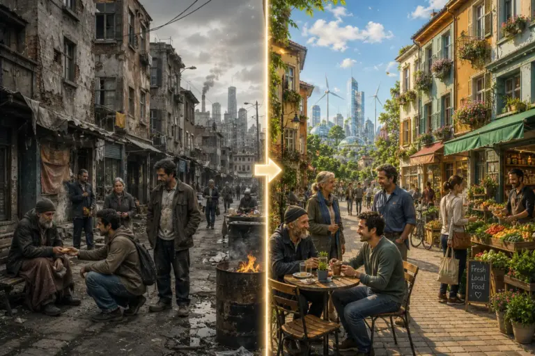Split city street shows poverty and renewal, from ruins to thriving community.