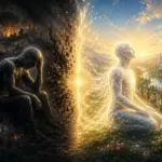 Symbolic transition from Psycho-Surgery darkness to GOD light, framed by Universe Therapy.
