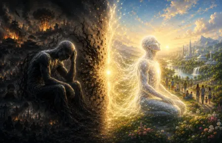 Symbolic transition from Psycho-Surgery darkness to GOD light, framed by Universe Therapy.