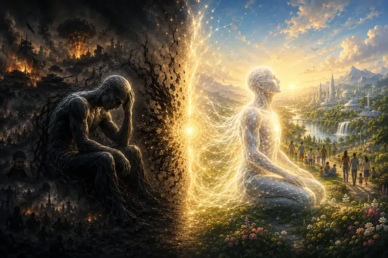 Symbolic transition from Psycho-Surgery darkness to GOD light, framed by Universe Therapy.
