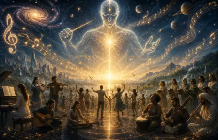 Celestial figure above a gathered crowd, glowing with divine light in a cosmic sky.
