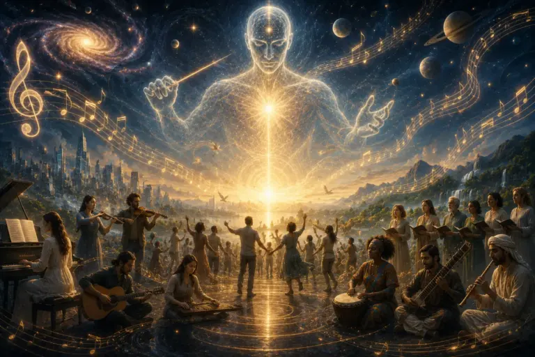 Celestial figure above a gathered crowd, glowing with divine light in a cosmic sky.