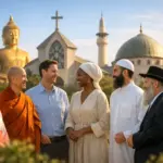 Interfaith group stands in harmony before Buddhist, Christian, Muslim, and Jewish symbols.
